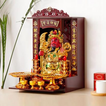 Abaodam Wooden Buddha Display Cabinet Shelf for Home Feng Shui Decor, Tabletop or Wall Leaning Statue Holder with Pull-Out Tray, Chinese Style