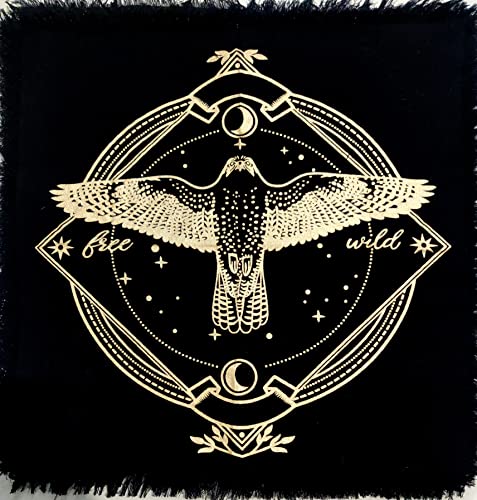Altar Cloth Tarot Cards Table Napkins Witchcraft Supplies Black Gold Tablecloth Square Alter Pagan Spiritual Celestial Deck with Fringes 18 by 18 Sacred Table Tapestry Cloth Golden Owl - color: Golden Owl, size: 18" x 18" (Square)