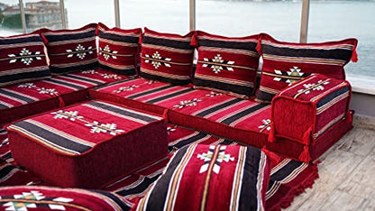 arabicsofa Traditional L Shaped Floor Cushions – Modular Majlis Seating with Washable Covers - color: Burgundy, size: 4'' Thickness Sofa, style: L Sofa Full Set
