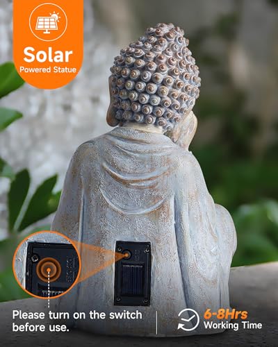 Buddha Statue Outdoor with Lotus Flower Light, IP65 Waterproof Solar Statue Lights, Outdoor Statues for Garden, Zen Decor for Garden, Home, Patio, Lawn