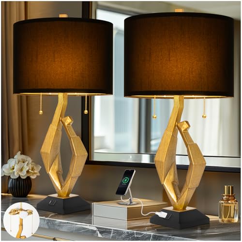 Scenekoy Gold Leaf Finish Table Lamp Set of 2 with USB Ports for Bedroom - size: 26 inches Gold Leaf -029