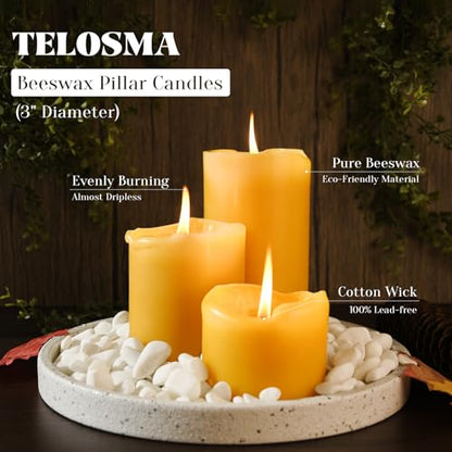 Set of 3 Natural Beeswax Pillar Candles - 3 inch Wide, Yellow, Unscented - size: 3x3 inch 3x4 inch 3x6 inch