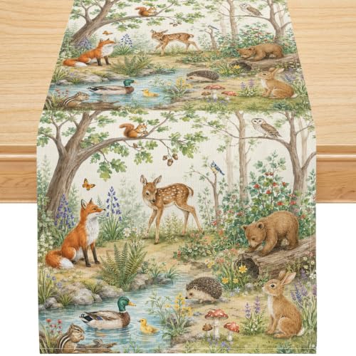 Forest Animal Table Runner,Watercolor Woodland Wildlife Table Dresser Scarves for Spring Summer Kitchen Dining Room Table Decor,13x36 Inch - color: Green Forest Animals, size: 13x36inch