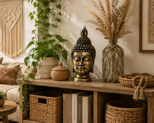 11 Inch Antique Bronze Buddha Head Statue - color: Antique Bronze