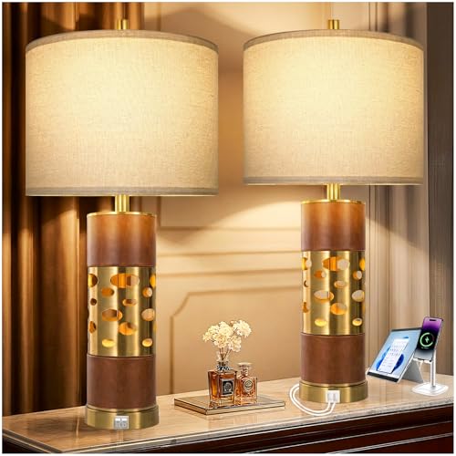 KIVDITZO Mid Century Modern Leather Table Lamps Set of 2 with Night Light