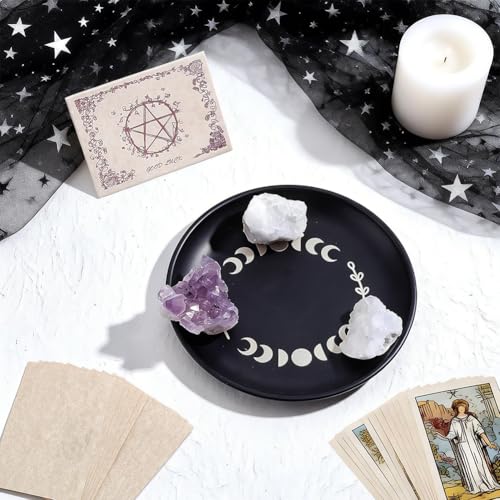 1 Set Altar Ritual Plate Bowl Stainless Steel Moon Shape Altar Bowl Flat Round Black Metal Astrology Tarot Offering Plate with Tarot Cards Ritual Offering Bowl for Witchcraft Wiccan - color: Moon Black