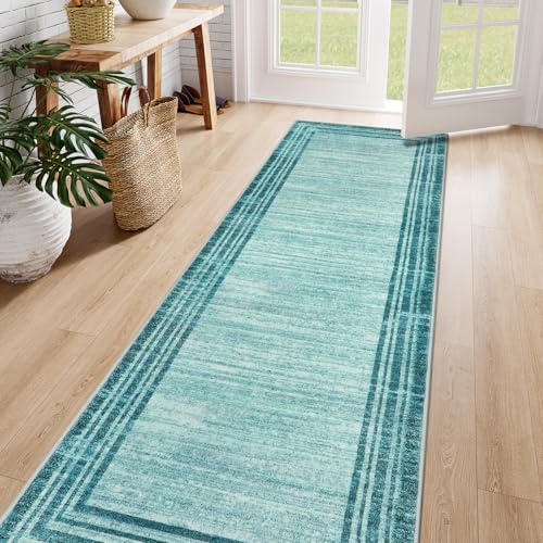 Lahome Amabel Abstract Runner Rug,Teal 2.5x8 Runners for Hallways Washable Non-Slip Kitchen Rug Runner, Soft Entryway Runner Rug Minimalist Solid Indoor Carpet Runner for Bedroom Laundry Bathroom - color: Teal Border/White, size: 2.5' x 8' (Runner)