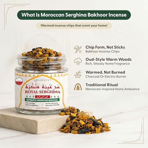 Moroccan Serghina Bakhoor Incense and Oud Incense with Oud Wood Resin from Fez Arabic Natural Home Fragrance Calming Aroma Charcoal Or Burner Use 0.88 Oz