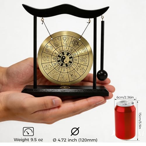 Chinese Gong Desktop,Twelve Chinese Zodiac Signs Zen Art Decor,Copper Gong with Wood Stand for Asian Decor,Meditation Sound Tool,Desk Display Office Home Blessing Gift (Chinese Zodiac)