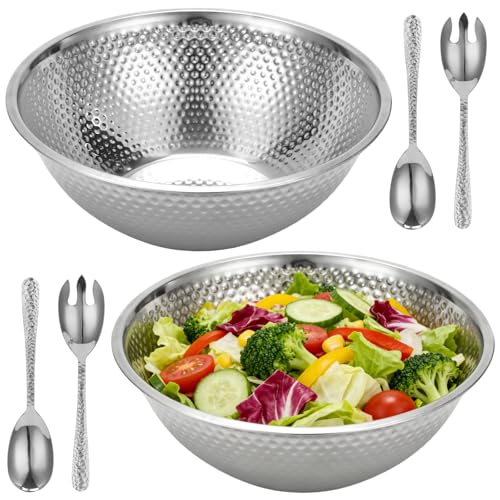 2 Pcs 13 Inch Silver Stainless Steel Salad Bowl Set, 4-Pc Utensil Set - color: 2pcs Silver Stainless Steel Bowl Set