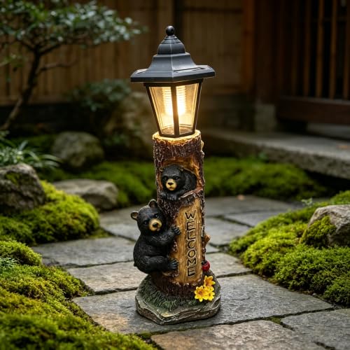 Solar Bear Garden Statue with Welcome Sign, 19" Resin Bear Family in Tree Trunk, Outdoor Solar Light Wildlife Lawn Ornament for Yard, Patio, Porch, Cabin & Front Door Decor - color: Bear With Welcome Sign