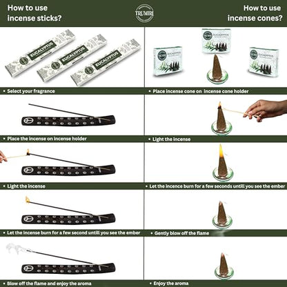 Eucalyptus Incense Sticks & Incense Cones Combo Pack - 60 Insence-Sticks + 30 Insence Cones - Inscense - Incense Cones Scented - Insents - color: Eucalyptus