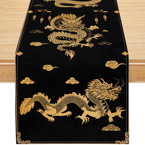 Chinese Dragon Table Runner Black Gold Oriental Decor, Waterproof Linen Table Runner with Traditional Asian Cloud Pattern for Dining Table,New Year, Party, Tea Room,13x36 Inch - color: Black Gold Chinese Dragon, size: 13x36inch