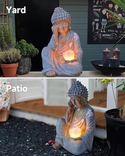 Buddha Statue Outdoor with Lotus Flower Light, IP65 Waterproof Solar Statue Lights, Outdoor Statues for Garden, Zen Decor for Garden, Home, Patio, Lawn