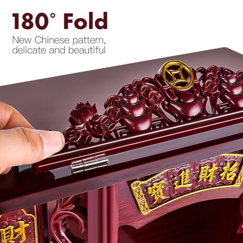 Abaodam Wooden Buddha Display Cabinet Shelf for Home Feng Shui Decor, Tabletop or Wall Leaning Statue Holder with Pull-Out Tray, Chinese Style