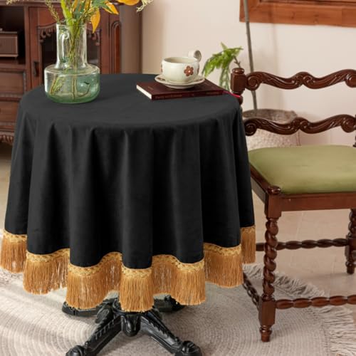 F-CHU 48 Inch Round Black Velvet Tablecloth, Luxury Vintage Table Cover with Elegant Gold Tassel Fringe, Heavy Soft Velvet Fabric for Small Round Dining Table, Banquet Holiday Home Decor - color: Black, size: 48" (Round)