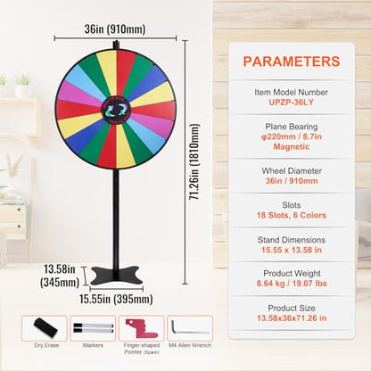 VEVOR 36 inch Spinning Prize Wheel, 18 Slots Spinning Wheel, Roulette Wheel with a Dry Erase and 2 Markers, Tabletop or Floor Standing Win Fortune Spin Games in Party Pub Trade Show Carnival - style: 36 INCH