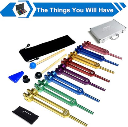 Chakra Tuning Forks Set for Healing, 7 Chakra+1 Soul Purpose Weighted Tuning Forks with Exquisite Aluminum Gift Box, Multicolour,(126.22 Hz, 136.1 Hz, 141.27 Hz, 172.06 Hz etc) - color: Chakra Multicolour