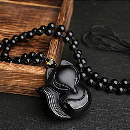ASGIFT Black Obsidian Necklace Lucky Amulet Protection Pendant with Extended Bead Chain Healing Crystal Stone Talisman Necklaces Jewelry - color: Fox-L