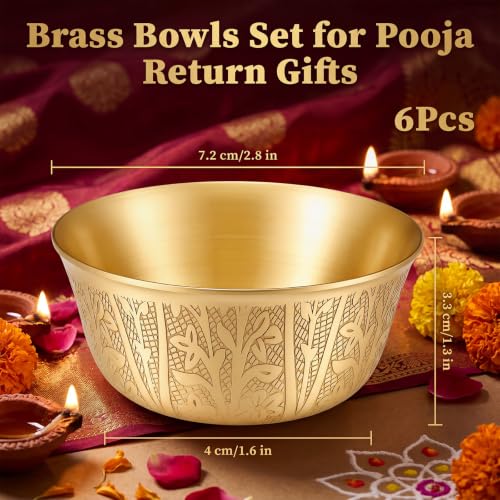 6 Pcs Copper Offering Bowls Pooja Return Gifts 3 '' Indian Brass Puja Bowls Religious Festival Supplies for Diwali Mandir Altar, Yoga Meditation, Incense Burner, Ritual Use Housewarming Gift