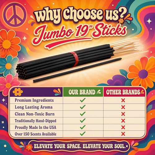 Black Coconut Exotic Incense Sticks Jumbo 19 Inch Long - Bulk 1 Bundle 27 to 30 Sticks - Natural 19" Extra Large with A Smooth Aroma that Burns for 3 to 4 Hours Each.