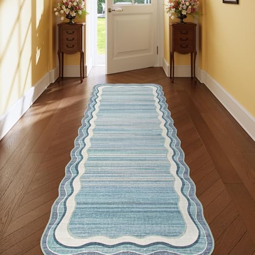 Lahome Estelle Scalloped Blue Washable Runners for Hallways, 2x6 Kitchen Runner Rug Non Sip Bathroom Rug Runner, Modern Abstract Indoor Carpet Runners for Entryway Laundry Room (Blue,2x6) - color: Blue / Scalloped, size: 2' x 6' (Runner)