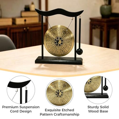 Chinese Gong Desktop,Twelve Chinese Zodiac Signs Zen Art Decor,Copper Gong with Wood Stand for Asian Decor,Meditation Sound Tool,Desk Display Office Home Blessing Gift (Chinese Zodiac)