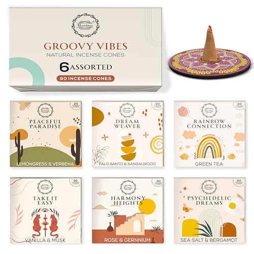 Raajsee Incense Cones, 6 Pack Cone Incense Gift Pack 15 pc Each (90 Total), Insence Cones Variety Pack, 100% Organic Non Toxic Natural - color: Groovy Vibies Cone