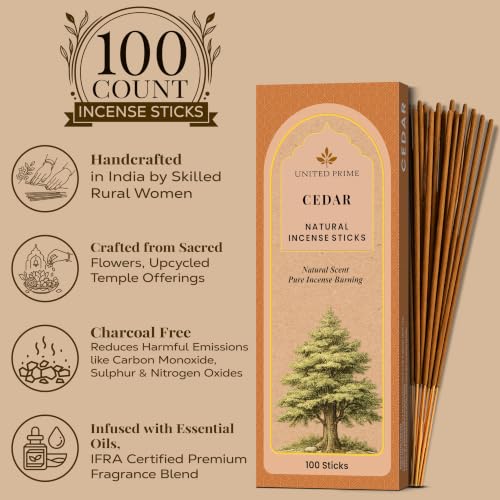 Natural Cedar Incense Sticks, 100 Sticks, No Charcoal Clean Burning, Organic Non Toxic Insence,100% Natural sustainably harvested, Spiritual Healing Calming Aroma for Positive Vibes - color: Cedar