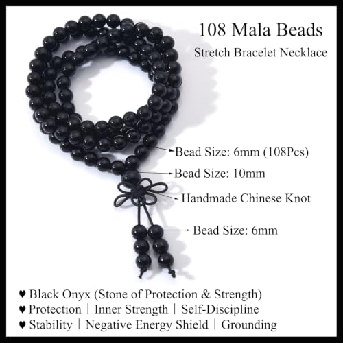 108 Mala Beads Stretch Bracelet 6mm Natural Gemstone Prayer Beaded Necklace - color: Black Onyx