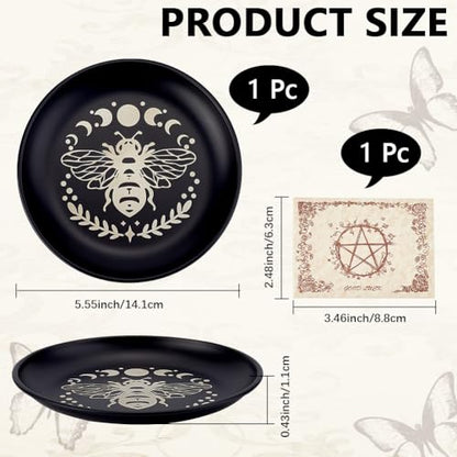 CREATCABIN Bees Phase Moon Ritual Plate Altar Flat Bowl Round Tray Prayer Offering Bowl Dish Candle Holder with Divination Card Jewelry Dish for Smudging Incense Burner Meditation Tarot 5.55Inch - style: Bees