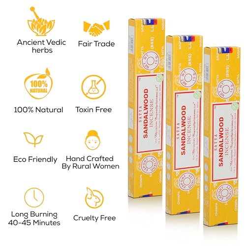 Satya Nagchampa Sandalwood Incense Sticks, Satya Bng (Bangalore) Insenses 15gmx3 Pack (45 GMS) with Raajsee Incense Holder Bundle, Satya Nagchampa Natural Incense - color: Sandalwood