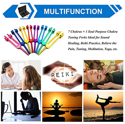 Chakra Tuning Forks Set for Healing, 7 Chakra+1 Soul Purpose Weighted Tuning Forks with Exquisite Aluminum Gift Box, Multicolour,(126.22 Hz, 136.1 Hz, 141.27 Hz, 172.06 Hz etc) - color: Chakra Multicolour