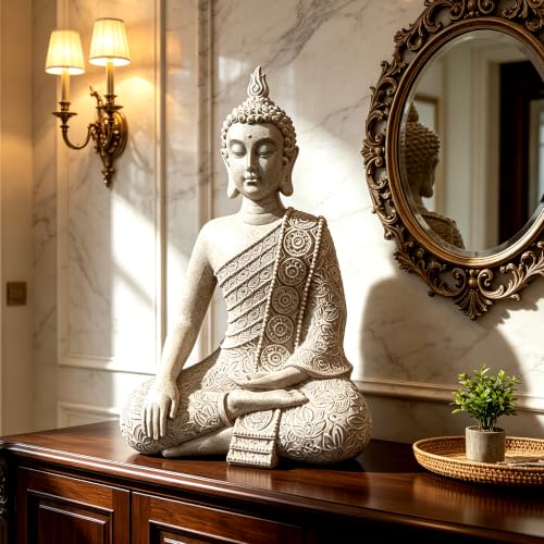 Resin Yellow Sitting Buddha, Buddhism Style Decor and Zen Shelf Aesthetic - color: Yellow