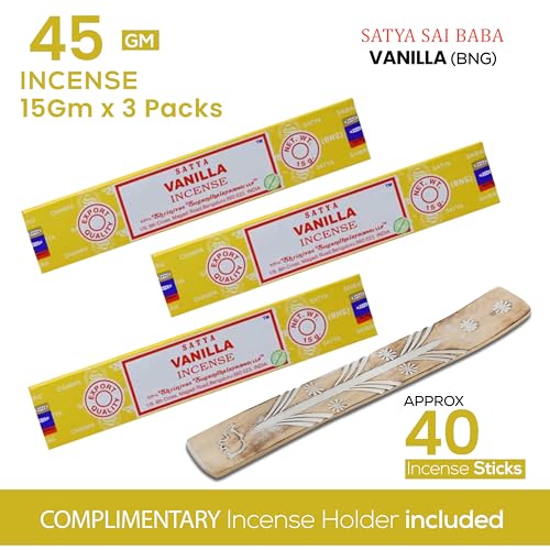 Satya Nagchampa Vanilla Incense Sticks, Satya Bng (Bangalore) Insenses 15gmx3 Pack (45 GMS) with Raajsee Incense Holder Bundle, Satya Nagchampa Natural Incense - color: Vanilla