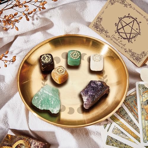 CREATCABIN Moon Phase Altar Ritual Plate Dish Stainless Steel Flat Bowl Golden Round Tarot Offering Bowl Dish Candle Trinket Holder Jewelry Tray for Incense Burner Dowsing Divination 5.55 Inch - style: Golden Moon Phase Leaf