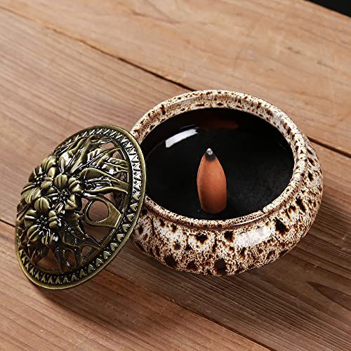 Incense Burner with Calabash Incense Stick Holder - Porcelain Charcoal Censer for Use with Resin Granular Powder Cone or Coil Incense (Fambe Gray) - color: Fambe Gray