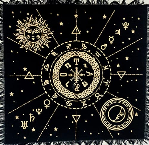 INDIAN CRAFT CASTLE Altar Cloth Tarot Cards Table Napkins Witchcraft Supplies Tablecloth Square Alter Pagan Spiritual Celestial Deck Cloth with Fringes 12 Constellation Gold 18 x 18 Inches - color: 12 Constellation Gold, size: 18" x 18" (Square)