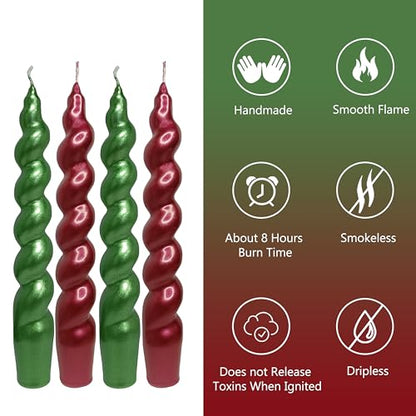 7.5 Inch Red Green Metal Spiral Candles, Set of 4 Unscented for Christmas - color: Metal red green