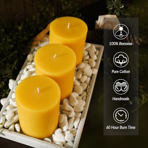 3 inch Wide Natural Yellow Beeswax Pillar Candles, 4 inch Tall - 3 Pack - size: 3x4 inch