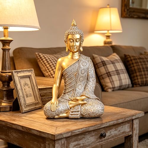 Golden Buddha Figurine - Meditating Seated Buddha Statue - resin Figurine - color: Varada Mudra