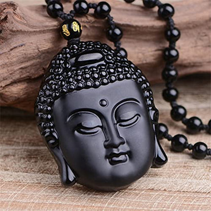 ASGIFT Black Obsidian Necklace Lucky Amulet Protection Pendant with Extended Bead Chain Healing Crystal Stone Talisman Necklaces Jewelry - color: Buddha Head