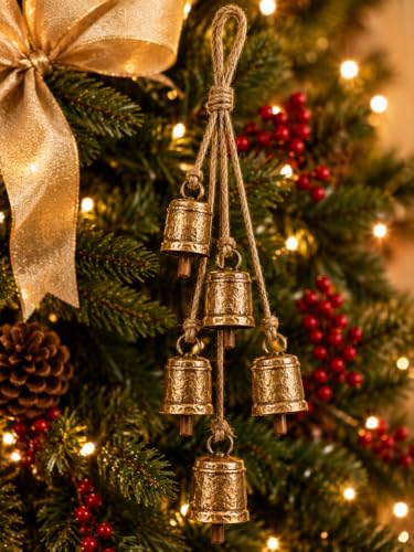 TA DIZAYN Handmade Decorative Bells, Gold Finish, Jute Rope, Rustic Style, Wall Hanging Decor, Door Knob, Wiccan Gifts for Home Wall Door