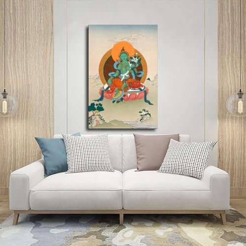 Mother Goddess Green Tara Tibetan Thangka (3) Canvas Poster Wall Art Prints Room Aesthetic Murals Bedroom And Living Decorations Frame 16x24inch - size: Frame 16x24inch