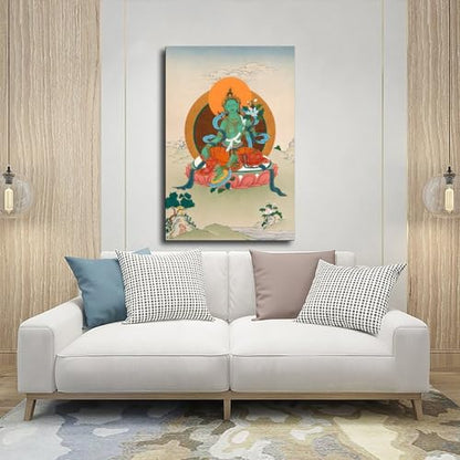 Mother Goddess Green Tara Tibetan Thangka (3) Canvas Poster Wall Art Prints Room Aesthetic Murals Bedroom And Living Decorations Frame 16x24inch - size: Frame 16x24inch