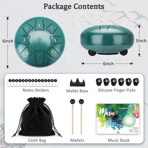 Steel Tongue Drum 6 Inch 8 Notes, Rain Drum for Outdoor Garden, Easy-Play Percussion Instrument, Unique Gift for Music Lovers, with Mallets, Carry Bag & Music Book, Green (6 Inch 8 Notes) - color: green, size: 6 Inch 8 Notes