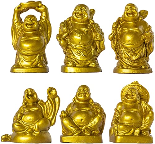 Set of 6 Laughing Happy Buddha Statue Resin Figurines Feng Shui for Luck Wealth Good Gift and Collection (2'', Gold) - color: Gold, style: 2''