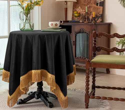 F-CHU Luxury Square Black Velvet Tablecloth, Vintage Table Cover with Gold Tassel Trim, Heavy Plush Fabric for Dining Table, Party, Holiday & Banquet Decor 60x60-Inch - color: Black, size: 60" x 60" (Square)
