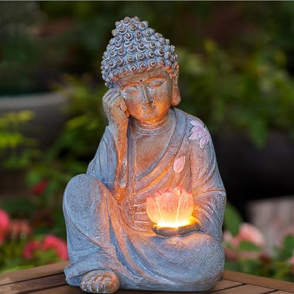 Buddha Statue Outdoor with Lotus Flower Light, IP65 Waterproof Solar Statue Lights, Outdoor Statues for Garden, Zen Decor for Garden, Home, Patio, Lawn