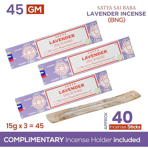 Satya Lavender Incense Sticks, Satya Bng (Bangalore) Insenses 15gmx3 Pack (45 GMS) with Raajsee Incense Holder Bundle, Satya Nagchampa Natural Incense - color: Lavender